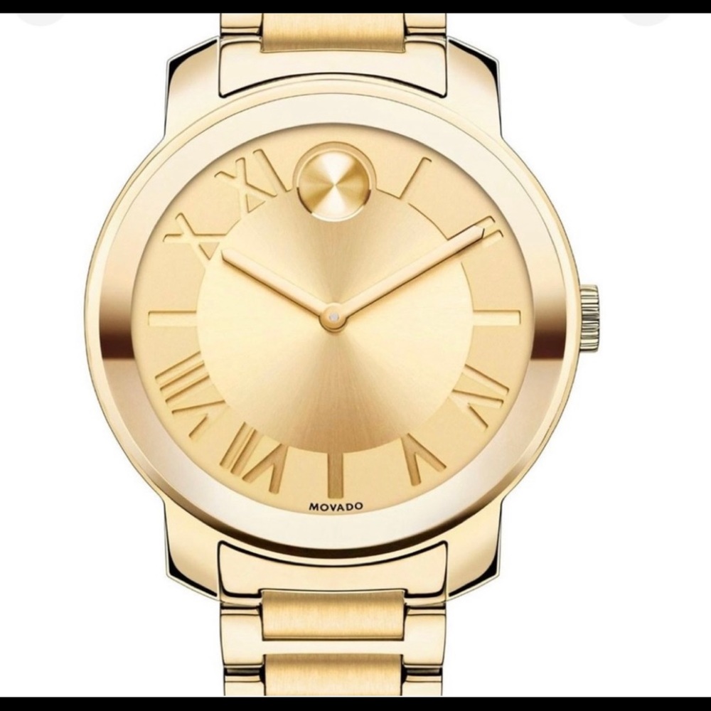 Movado Bold ROMAN Numeral index bracelet watch
in GOLD.